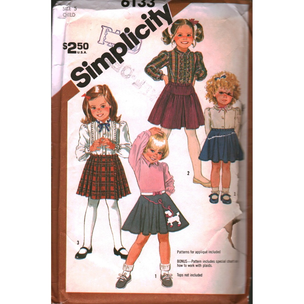 Vintage Simplicity 6133 Girls Poodle Skirt Kilt Sewing Pattern Size 5 Child 1984